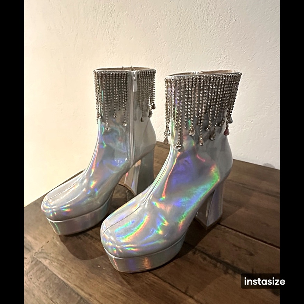 Women’s metallic silver festival bootie heels with tassels